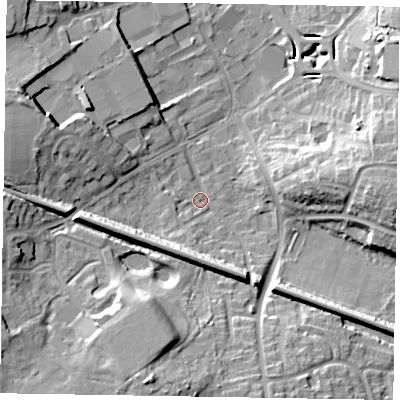 Shaded relief map of the ground around RG129EN, computed from Environment Agency LiDAR. The ground here sits at about 68 m above sea level and falls 18 m across the surrounding 800 m. Surface water reaching this point runs off ground lying to the south-south-west, 15.3 m higher.