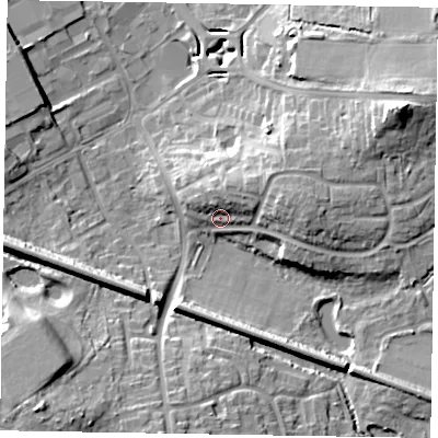 Shaded relief map of the ground around RG129EP, computed from Environment Agency LiDAR. The ground here sits at about 72 m above sea level and falls 22 m across the surrounding 800 m. Surface water reaching this point runs off ground lying to the east-north-east, 11.6 m higher.