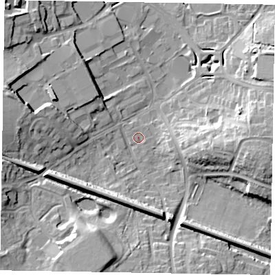 Shaded relief map of the ground around RG129EW, computed from Environment Agency LiDAR. The ground here sits at about 68 m above sea level and falls 18 m across the surrounding 800 m. Surface water reaching this point runs off ground lying to the south-south-west, 14.1 m higher.