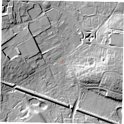 Shaded relief map of the ground around RG129GL, computed from Environment Agency LiDAR. The ground here sits at about 67 m above sea level and falls 17 m across the surrounding 800 m. Surface water reaching this point runs off ground lying to the south-south-west, 14.1 m higher.