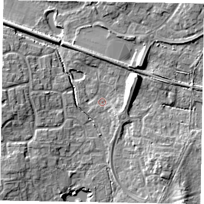 Shaded relief map of the ground around RG129GZ, computed from Environment Agency LiDAR. The ground here sits at about 72 m above sea level and falls 13 m across the surrounding 800 m. Surface water reaching this point runs off ground lying to the east-north-east, 10.0 m higher.