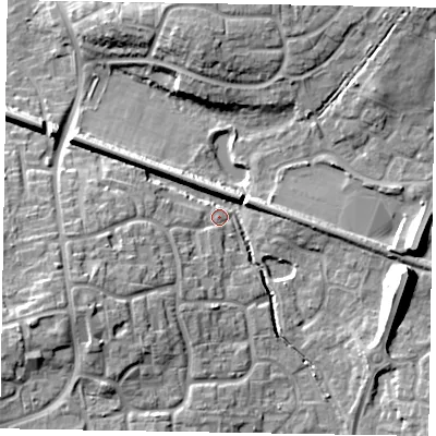 Shaded relief map of the ground around RG129HU, computed from Environment Agency LiDAR. The ground here sits at about 72 m above sea level and falls 15 m across the surrounding 800 m. Surface water reaching this point runs off ground lying to the east-south-east, 11.6 m higher.