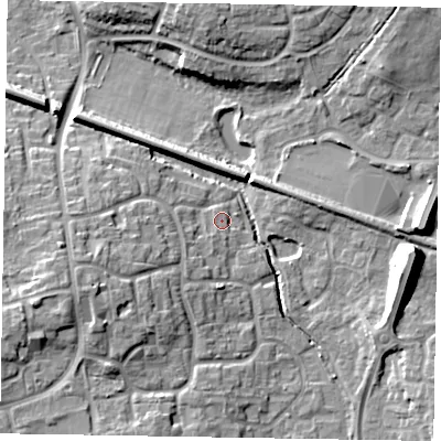 Shaded relief map of the ground around RG129HZ, computed from Environment Agency LiDAR. The ground here sits at about 72 m above sea level and falls 15 m across the surrounding 800 m. Surface water reaching this point runs off ground lying to the south-south-west, 3.2 m higher.