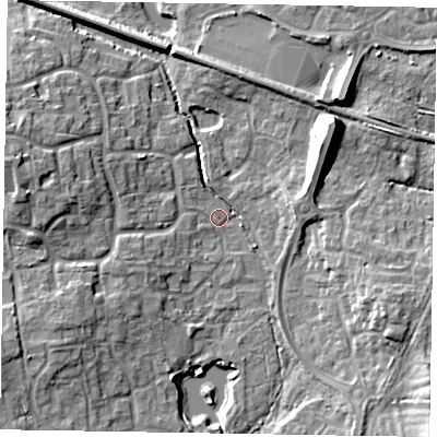 Shaded relief map of the ground around RG129JP, computed from Environment Agency LiDAR. The ground here sits at about 72 m above sea level and falls 13 m across the surrounding 800 m. Surface water reaching this point runs off ground lying to the west, 9.4 m higher.