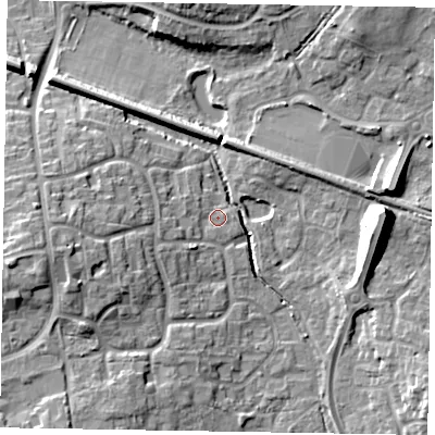 Shaded relief map of the ground around RG129JU, computed from Environment Agency LiDAR. The ground here sits at about 72 m above sea level and falls 14 m across the surrounding 800 m. Surface water reaching this point runs off ground lying to the west-south-west, 3.1 m higher.