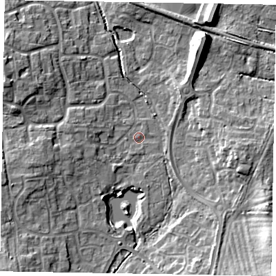 Shaded relief map of the ground around RG129LA, computed from Environment Agency LiDAR. The ground here sits at about 73 m above sea level and falls 13 m across the surrounding 800 m. Surface water reaching this point runs off ground lying to the west-south-west, 3.6 m higher.