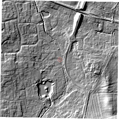 Shaded relief map of the ground around RG129PB, computed from Environment Agency LiDAR. The ground here sits at about 72 m above sea level and falls 15 m across the surrounding 800 m. Surface water reaching this point runs off ground lying to the south-west, 9.5 m higher.