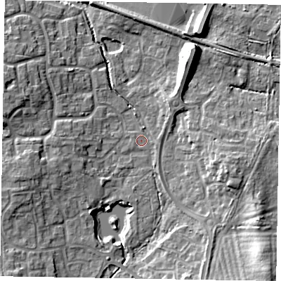 Shaded relief map of the ground around RG129PD, computed from Environment Agency LiDAR. The ground here sits at about 72 m above sea level and falls 14 m across the surrounding 800 m. Surface water reaching this point runs off ground lying to the south-west, 9.2 m higher.