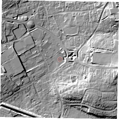 Shaded relief map of the ground around RG129RT, computed from Environment Agency LiDAR. The ground here sits at about 66 m above sea level and falls 21 m across the surrounding 800 m. Surface water reaching this point runs off ground lying to the east, 5.4 m higher.