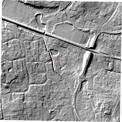 Shaded relief map of the ground around RG129YH, computed from Environment Agency LiDAR. The ground here sits at about 72 m above sea level and falls 13 m across the surrounding 800 m. Surface water reaching this point runs off ground lying to the south-south-west, 1.6 m higher.