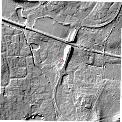 Shaded relief map of the ground around RG129YP, computed from Environment Agency LiDAR. The ground here sits at about 73 m above sea level and falls 13 m across the surrounding 800 m. Surface water reaching this point runs off ground lying to the north-east, 9.0 m higher.