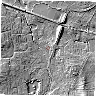 Shaded relief map of the ground around RG129YQ, computed from Environment Agency LiDAR. The ground here sits at about 72 m above sea level and falls 13 m across the surrounding 800 m. Surface water reaching this point runs off ground lying to the east-north-east, 2.8 m higher.