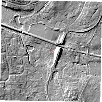 Shaded relief map of the ground around RG129YY, computed from Environment Agency LiDAR. The ground here sits at about 72 m above sea level and falls 13 m across the surrounding 800 m. Surface water reaching this point runs off ground lying to the north-north-east, 1.9 m higher.