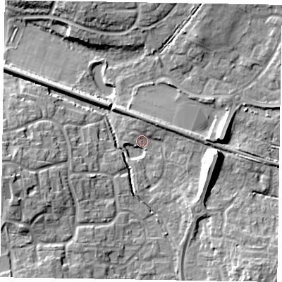 Shaded relief map of the ground around RG129YZ, computed from Environment Agency LiDAR. The ground here sits at about 72 m above sea level and falls 13 m across the surrounding 800 m. Surface water reaching this point runs off ground lying to the east-south-east, 11.4 m higher.