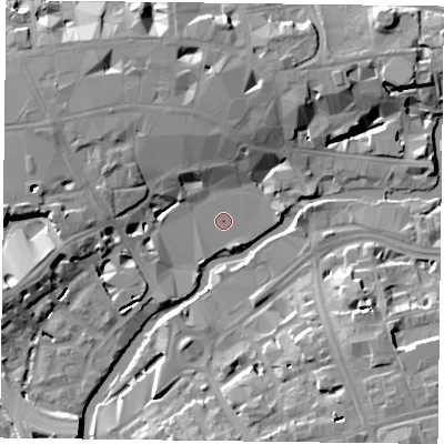 Shaded relief map of the ground around RG12AH, computed from Environment Agency LiDAR. The ground here sits at about 38 m above sea level and falls 12 m across the surrounding 800 m. Surface water reaching this point runs off ground lying to the north-north-west, 6.9 m higher.