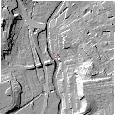 Shaded relief map of the ground around RG12NF, computed from Environment Agency LiDAR. The ground here sits at about 39 m above sea level and falls 30 m across the surrounding 800 m. Surface water reaching this point runs off ground lying to the east-south-east, 22.4 m higher.