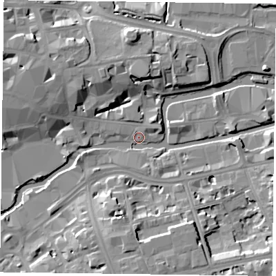 Shaded relief map of the ground around RG13AE, computed from Environment Agency LiDAR. The ground here sits at about 37 m above sea level and falls 11 m across the surrounding 800 m. Surface water reaching this point runs off ground lying to the south, 10.9 m higher.