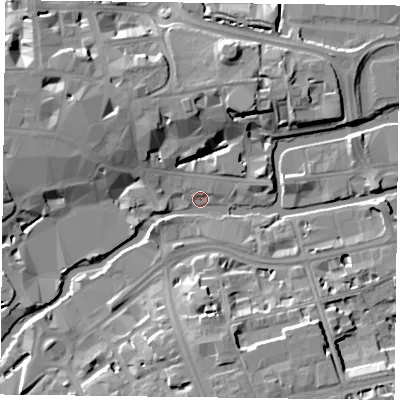 Shaded relief map of the ground around RG13AJ, computed from Environment Agency LiDAR. The ground here sits at about 37 m above sea level and falls 11 m across the surrounding 800 m. Surface water reaching this point runs off ground lying to the south, 9.9 m higher.