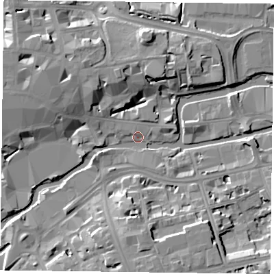 Shaded relief map of the ground around RG13AY, computed from Environment Agency LiDAR. The ground here sits at about 37 m above sea level and falls 11 m across the surrounding 800 m. Surface water reaching this point runs off ground lying to the south, 9.9 m higher.