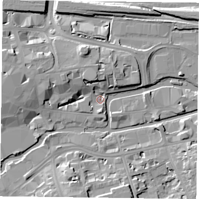 Shaded relief map of the ground around RG13BA, computed from Environment Agency LiDAR. The ground here sits at about 38 m above sea level and falls 11 m across the surrounding 800 m. Surface water reaching this point runs off ground lying to the north-north-west, 10.1 m higher.