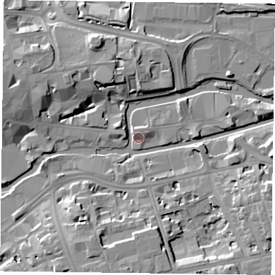 Shaded relief map of the ground around RG13BJ, computed from Environment Agency LiDAR. The ground here sits at about 39 m above sea level and falls 11 m across the surrounding 800 m. Surface water reaching this point runs off ground lying to the south, 11.0 m higher.