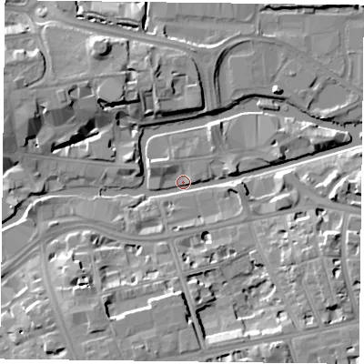 Shaded relief map of the ground around RG13BW, computed from Environment Agency LiDAR. The ground here sits at about 37 m above sea level and falls 11 m across the surrounding 800 m. Surface water reaching this point runs off ground lying to the south-south-west, 11.0 m higher.