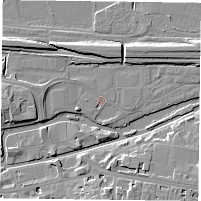 Shaded relief map of the ground around RG13DH, computed from Environment Agency LiDAR. The ground here sits at about 38 m above sea level and falls 11 m across the surrounding 800 m. Surface water reaching this point runs off ground lying to the west, 1.8 m higher.