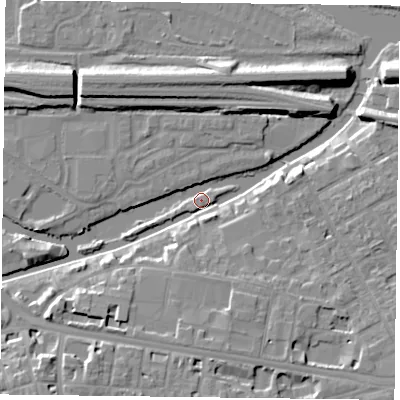 Shaded relief map of the ground around RG13DS, computed from Environment Agency LiDAR. The ground here sits at about 37 m above sea level and falls 11 m across the surrounding 800 m. Surface water reaching this point runs off ground lying to the south-south-east, 9.2 m higher.