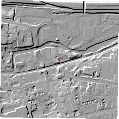 Shaded relief map of the ground around RG13EE, computed from Environment Agency LiDAR. The ground here sits at about 38 m above sea level and falls 11 m across the surrounding 800 m. Surface water reaching this point runs off ground lying to the south-south-west, 3.3 m higher.