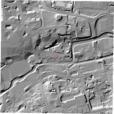 Shaded relief map of the ground around RG13FF, computed from Environment Agency LiDAR. The ground here sits at about 38 m above sea level and falls 11 m across the surrounding 800 m. Surface water reaching this point runs off ground lying to the north-north-east, 9.4 m higher.