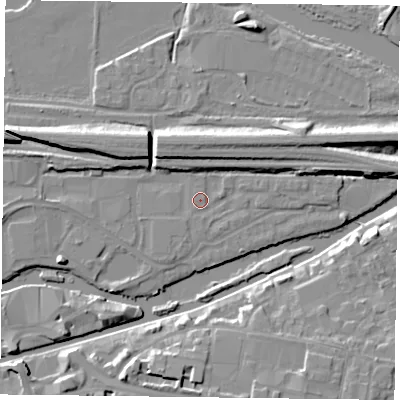 Shaded relief map of the ground around RG13FG, computed from Environment Agency LiDAR. The ground here sits at about 38 m above sea level and falls 9 m across the surrounding 800 m. Surface water reaching this point runs off ground lying to the east, 5.0 m higher.