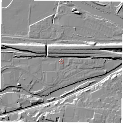 Shaded relief map of the ground around RG13FH, computed from Environment Agency LiDAR. The ground here sits at about 38 m above sea level and falls 9 m across the surrounding 800 m. Surface water reaching this point runs off ground lying to the east, 5.0 m higher.
