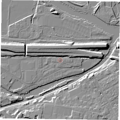 Shaded relief map of the ground around RG13FJ, computed from Environment Agency LiDAR. The ground here sits at about 38 m above sea level and falls 9 m across the surrounding 800 m. Surface water reaching this point runs off ground lying to the east, 4.7 m higher.