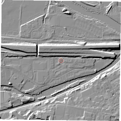 Shaded relief map of the ground around RG13FL, computed from Environment Agency LiDAR. The ground here sits at about 38 m above sea level and falls 9 m across the surrounding 800 m. Surface water reaching this point runs off ground lying to the east, 5.0 m higher.