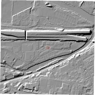 Shaded relief map of the ground around RG13FN, computed from Environment Agency LiDAR. The ground here sits at about 38 m above sea level and falls 9 m across the surrounding 800 m. Surface water reaching this point runs off ground lying to the east-north-east, 5.0 m higher.
