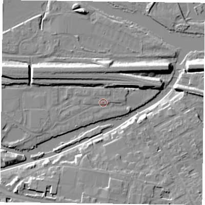 Shaded relief map of the ground around RG13FP, computed from Environment Agency LiDAR. The ground here sits at about 38 m above sea level and falls 9 m across the surrounding 800 m. Surface water reaching this point runs off ground lying to the east-north-east, 5.1 m higher.