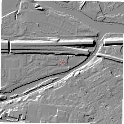 Shaded relief map of the ground around RG13FQ, computed from Environment Agency LiDAR. The ground here sits at about 39 m above sea level and falls 9 m across the surrounding 800 m. Surface water reaching this point runs off ground lying to the east-north-east, 5.1 m higher.