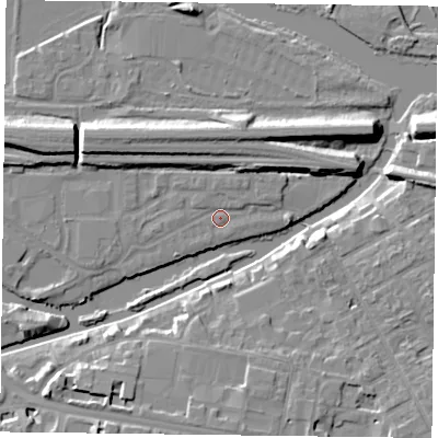 Shaded relief map of the ground around RG13GD, computed from Environment Agency LiDAR. The ground here sits at about 38 m above sea level and falls 10 m across the surrounding 800 m. Surface water reaching this point runs off ground lying to the east-north-east, 5.1 m higher.