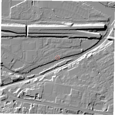 Shaded relief map of the ground around RG13GG, computed from Environment Agency LiDAR. The ground here sits at about 38 m above sea level and falls 11 m across the surrounding 800 m. Surface water reaching this point runs off ground lying to the south-south-east, 9.2 m higher.