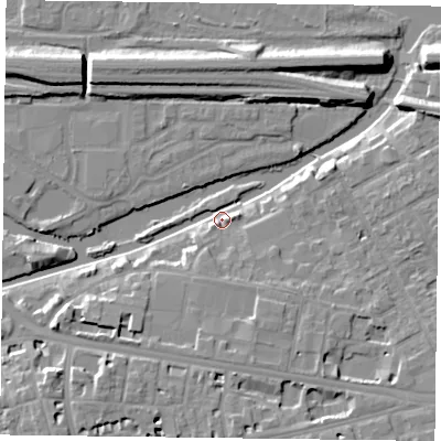 Shaded relief map of the ground around RG13HG, computed from Environment Agency LiDAR. The ground here sits at about 38 m above sea level and falls 11 m across the surrounding 800 m. Surface water reaching this point runs off ground lying to the south, 6.8 m higher.