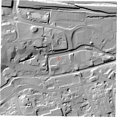 Shaded relief map of the ground around RG13JQ, computed from Environment Agency LiDAR. The ground here sits at about 37 m above sea level and falls 11 m across the surrounding 800 m. Surface water reaching this point runs off ground lying to the north-north-west, 8.5 m higher.