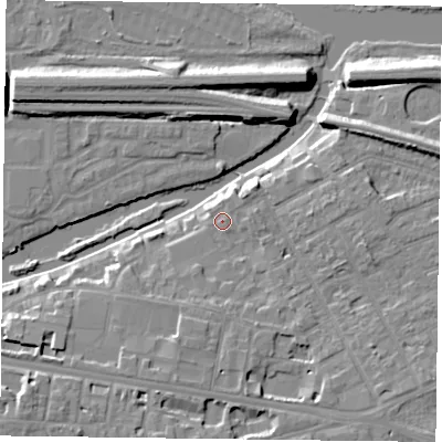 Shaded relief map of the ground around RG13LA, computed from Environment Agency LiDAR. The ground here sits at about 40 m above sea level and falls 10 m across the surrounding 800 m. Surface water reaching this point runs off ground lying to the south-south-east, 5.1 m higher.