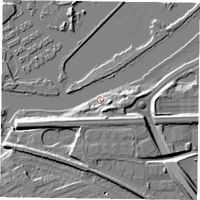 Shaded relief map of the ground around RG13LU, computed from Environment Agency LiDAR. The ground here sits at about 38 m above sea level and falls 15 m across the surrounding 800 m. Surface water reaching this point runs off ground lying to the south-south-east, 7.7 m higher.