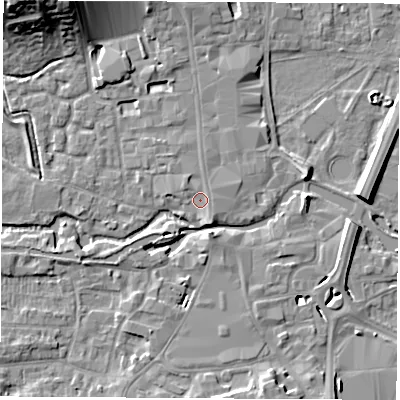 Shaded relief map of the ground around RG141AA, computed from Environment Agency LiDAR. The ground here sits at about 76 m above sea level and falls 16 m across the surrounding 800 m. Surface water reaching this point runs off ground lying to the south-south-east, 1.8 m higher.