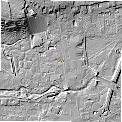 Shaded relief map of the ground around RG141AE, computed from Environment Agency LiDAR. The ground here sits at about 76 m above sea level and falls 18 m across the surrounding 800 m. Surface water reaching this point runs off ground lying to the south, 2.2 m higher.