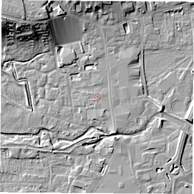 Shaded relief map of the ground around RG141AF, computed from Environment Agency LiDAR. The ground here sits at about 76 m above sea level and falls 18 m across the surrounding 800 m. Surface water reaching this point runs off ground lying to the south-south-east, 1.1 m higher.