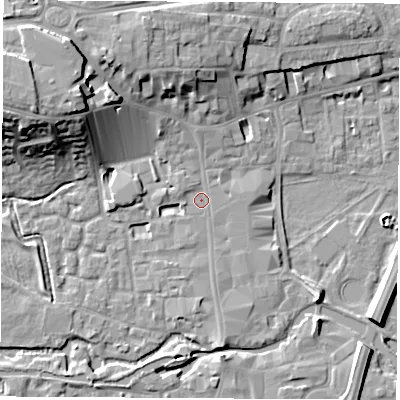 Shaded relief map of the ground around RG141AH, computed from Environment Agency LiDAR. The ground here sits at about 76 m above sea level and falls 17 m across the surrounding 800 m. Surface water reaching this point runs off ground lying to the north-west, 4.9 m higher.