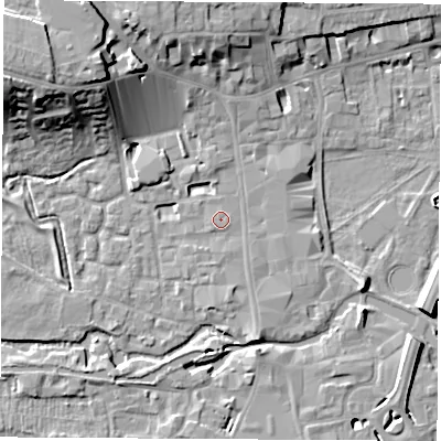 Shaded relief map of the ground around RG141AL, computed from Environment Agency LiDAR. The ground here sits at about 76 m above sea level and falls 18 m across the surrounding 800 m. Surface water reaching this point runs off ground lying to the south-south-east, 2.2 m higher.