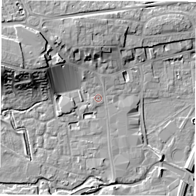 Shaded relief map of the ground around RG141AN, computed from Environment Agency LiDAR. The ground here sits at about 76 m above sea level and falls 17 m across the surrounding 800 m. Surface water reaching this point runs off ground lying to the north-west, 4.9 m higher.