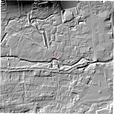 Shaded relief map of the ground around RG141AP, computed from Environment Agency LiDAR. The ground here sits at about 76 m above sea level and falls 14 m across the surrounding 800 m. Surface water reaching this point runs off ground lying to the north-north-west, 12.4 m higher.